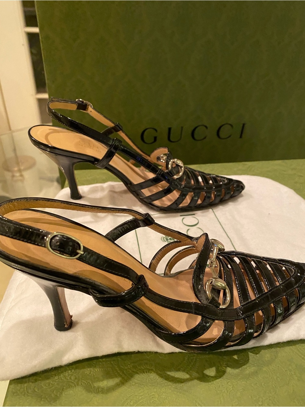 Gucci Black Patent Leather Strappy Slingback Heels with Gold Horsebit